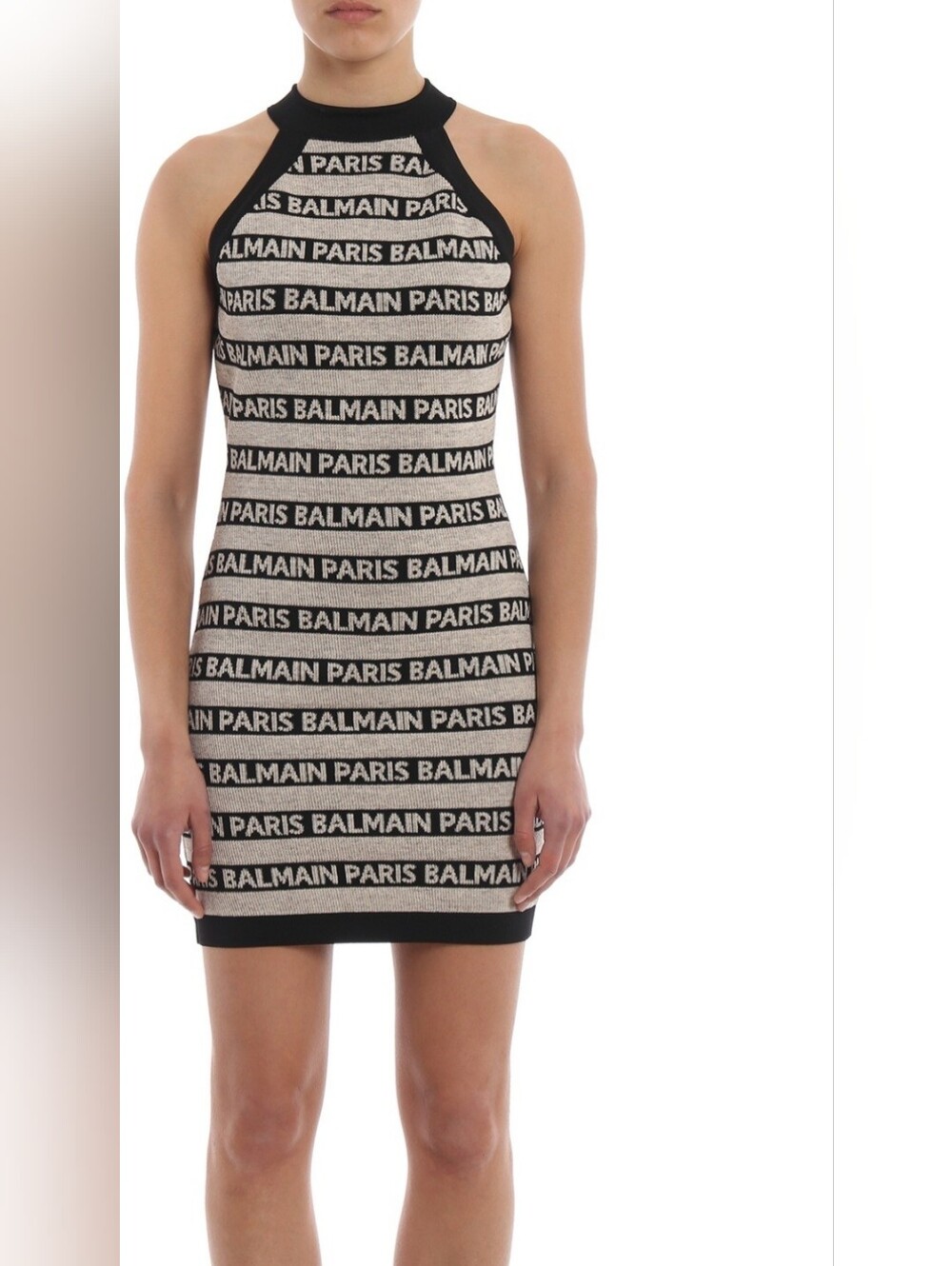 Balmain Black & Cream Striped Logo Halter Mini Dress French 36